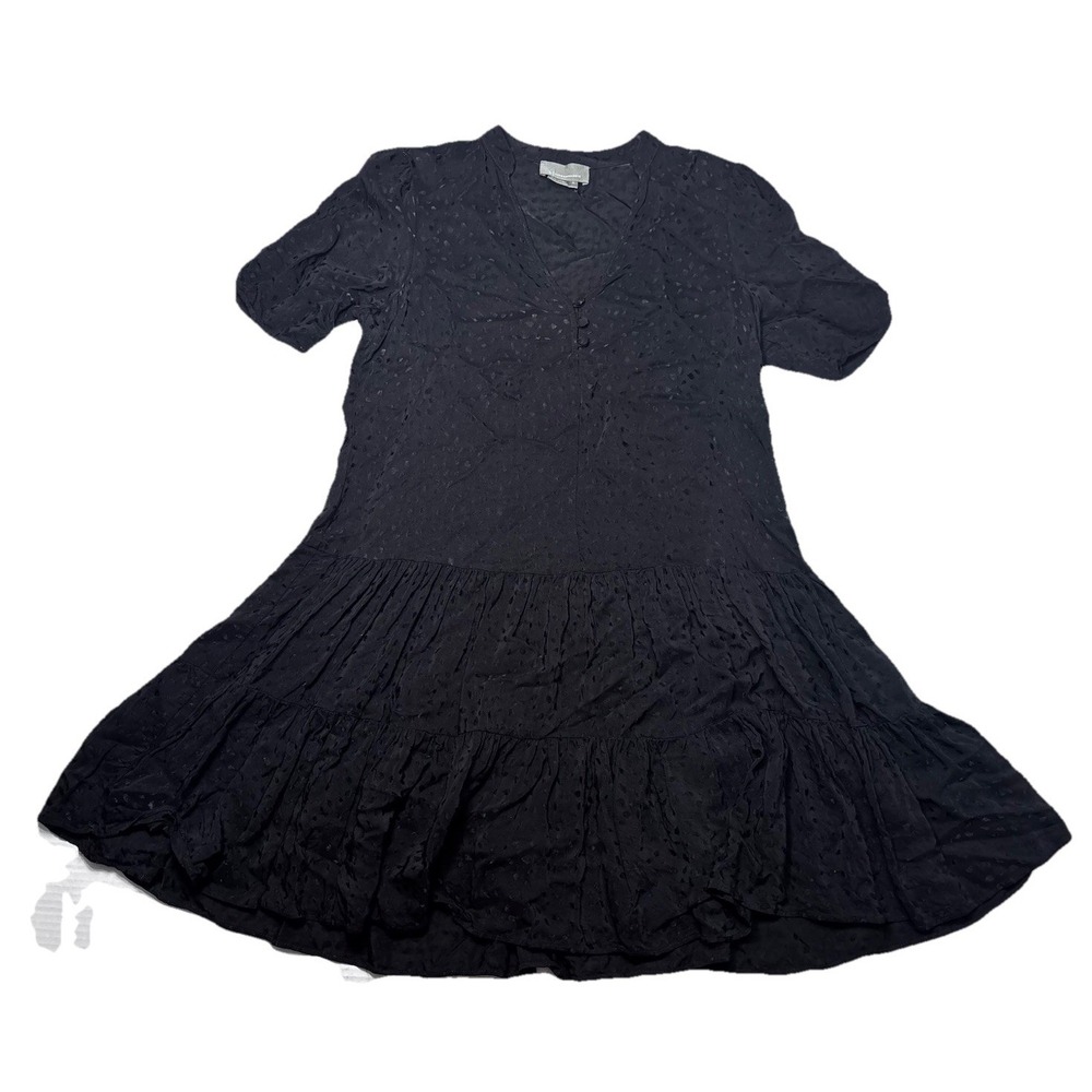 Anthropologie Black Swiss Dot Tiered Dress Small V Neck Button Front Puff Sleeve